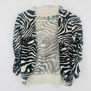 Shu Shu Zebra Print Open Front Cardigan Sweater Size S Ruched Sleeve Y2K Animal